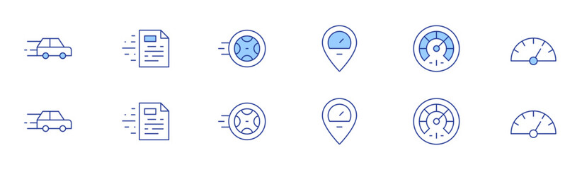 Speed icon set in two styles, Duotone and Thin Line style. Editable stroke. car, file, speedometer, tyre