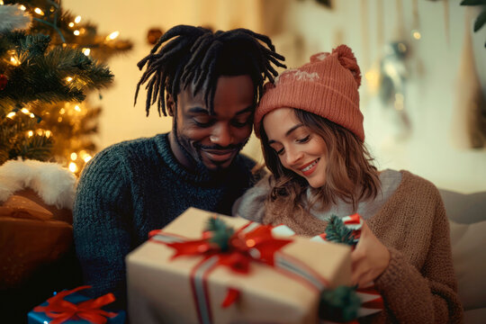 Interracial Christmas couple: African American man and Caucasian woman celebrating love and diversity by sharing christmas gifts. Christmas family: interracial couple enjoying the magic of Christmas.