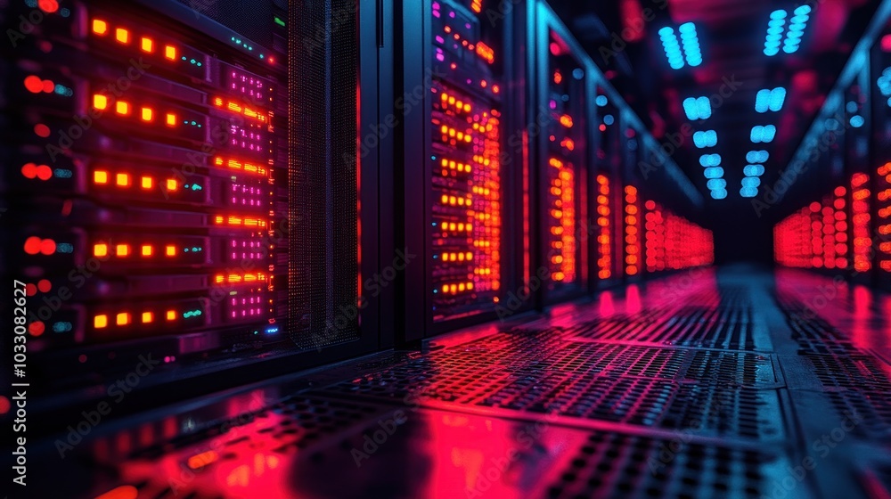 Aufkleber a dimly lit data center filled with illuminated server racks showcasing technology infrastructure.