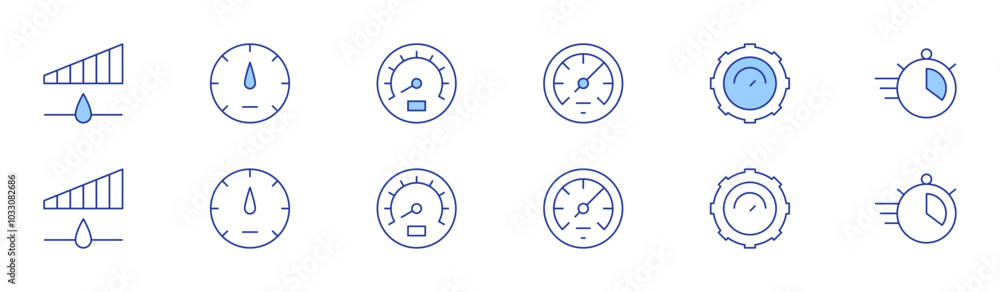 Poster speed icon set in two styles, duotone and thin line style. editable stroke. speedometer, time