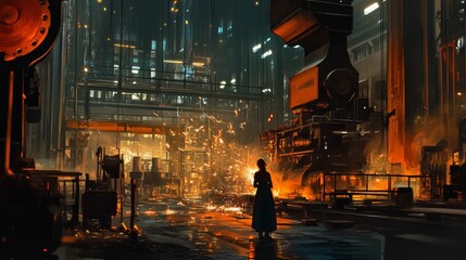 A woman working in a large industrial workshop, operating machinery, with sparks flying from metalwork in the background