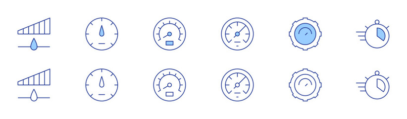 Speed icon set in two styles, Duotone and Thin Line style. Editable stroke. speedometer, time