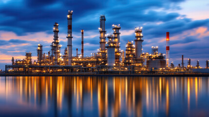 Obraz premium Industrial oil refinery at dusk with illuminated structures reflecting on water, showcasing modern architecture and technology in serene environment