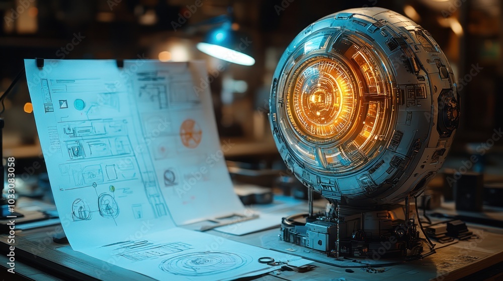 Poster a futuristic orb with glowing elements beside technical blueprints in a workshop setting.