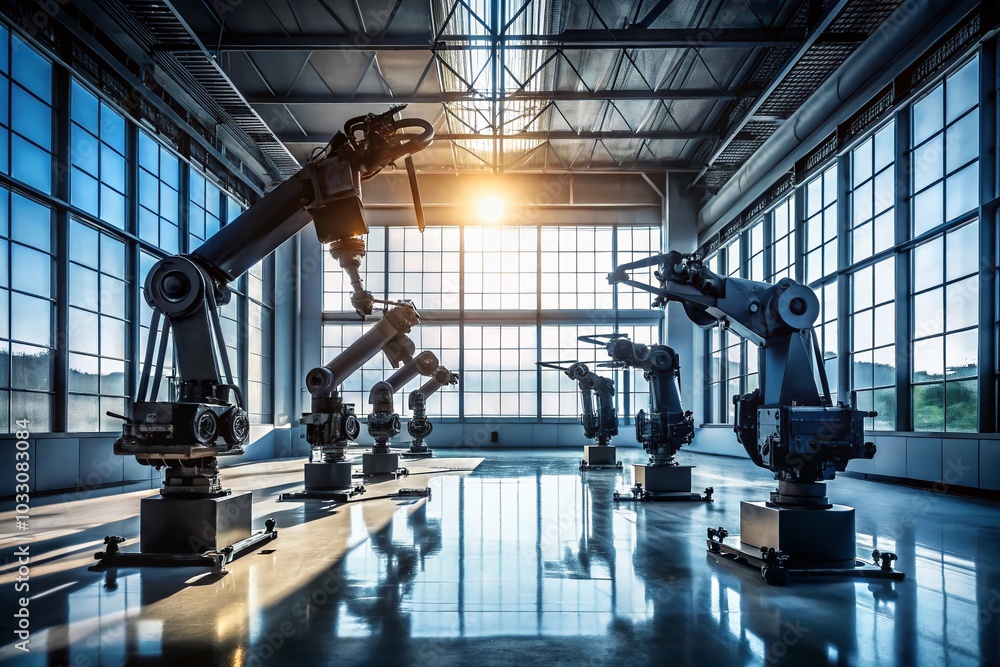 Poster dynamic factory robotics: innovative assembly line in silhouette