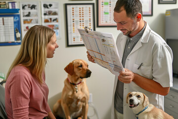 Vet discussing balanced diet with pet owner, holding nutritional chart, dog sitting nearby, pet nutrition