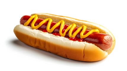 Hot dog with mustard and ketchup, side view isolated on a white background. 