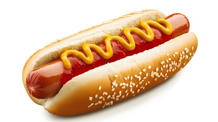 Hot dog with mustard and ketchup, side view isolated on a white background. 
