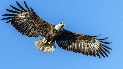 Fototapeta premium Majestic Eagle in Flight: Graceful Wingspan Soaring through Clear Blue Sky