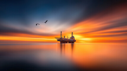 stunning sunset over rusted, abandoned oil platform creates serene atmosphere, with vibrant colors reflecting on calm water. scene is enhanced by birds flying in distance