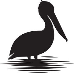 Pelican bird standing into water silhouette vector art illustration.