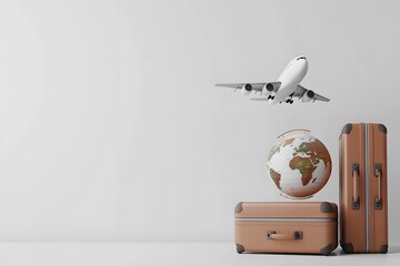3D render of a travel concept with a globe, airplane, and suitcases on a white background. 