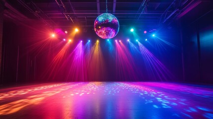 An empty dance floor illuminated by colorful lights from a disco ball creates a vibrant atmosphere for an evening celebration