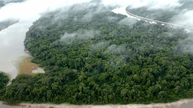 Aerial view of the Amazon rivers of the Peruvian jungle, a drone view of the Amazon rainforest surrounded by water