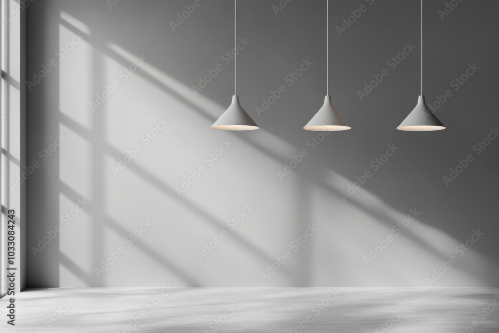Poster three white pendant lights hang from the ceiling in a minimalist room with a large window and a conc