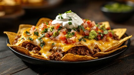 A delicious arrangement of cheesy nachos with beef, topped with fresh salsa, sour cream, and herbs, served on a round plate for a perfect snack.