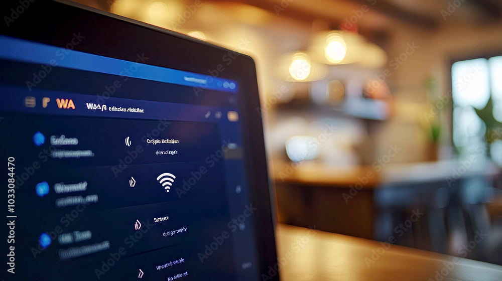 Poster a close-up of a tablet screen displaying network settings in a cozy indoor environment.