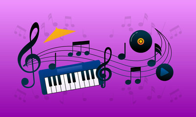 Musial treble clef collage, piano music play, guitar musician