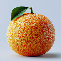 A close-up of a textured orange with a green leaf.