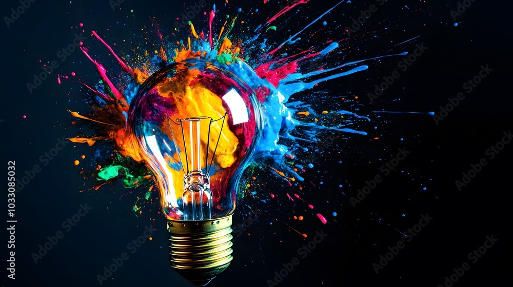 Poster lightbulb exploding with colorful paint splatter