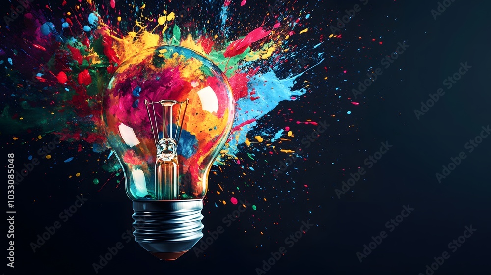 Poster lightbulb exploding with colorful paint splatter