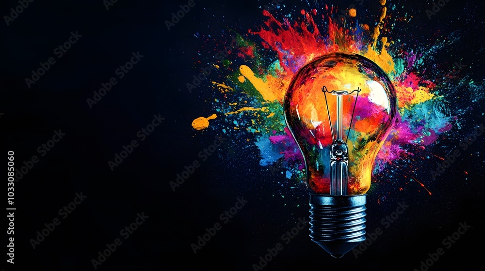 Poster light bulb exploding with colorful paint splatter