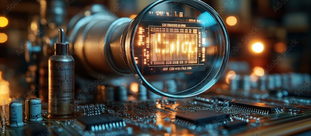 Poster a close-up view of a circuit board with a magnifying glass highlighting electronic components.