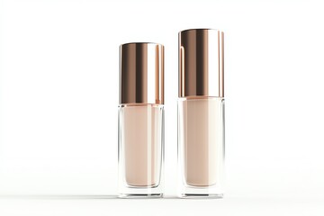 Two stylish cosmetic bottles with rose gold lids on a white background.