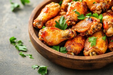 Fototapeta premium Close-up of Crispy, Golden-Brown Chicken Wings in a Wooden Bowl with Parsley Garnish