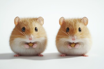 Two cute hamsters holding food, white isolated background.