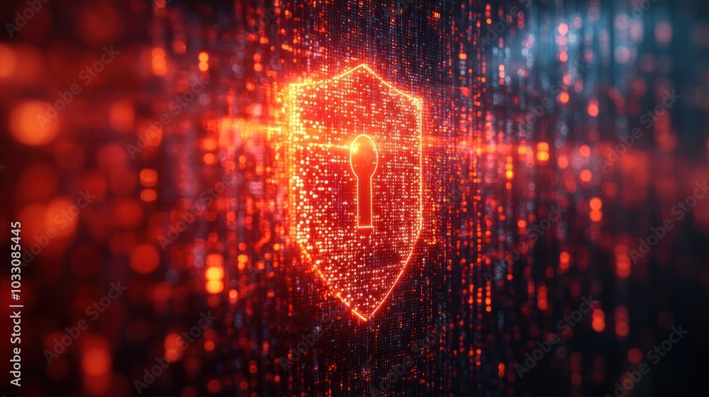 Poster a digital shield with a keyhole, symbolizing cybersecurity and data protection.