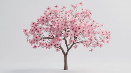 Fototapeta premium A pink cherry blossom tree stands alone against a white background.