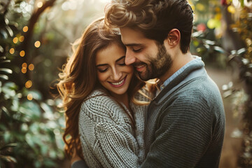 Fototapeta premium Couple embracing tightly in a picturesque garden, faces illuminated by broad smiles, radiating genuine love and contentment