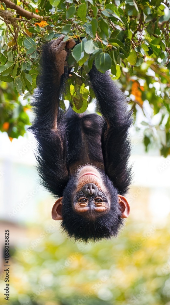 Poster a young chimpanzee hangs upside down from a tree branch, looking at the camera with a playful expres