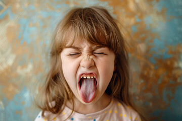 Child making a disgusted face, sticking out tongue, cringing at a bitter taste