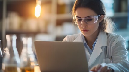 A Female Scientist Wearing Safety Glasses Uses a Laptop Computer in a Lab