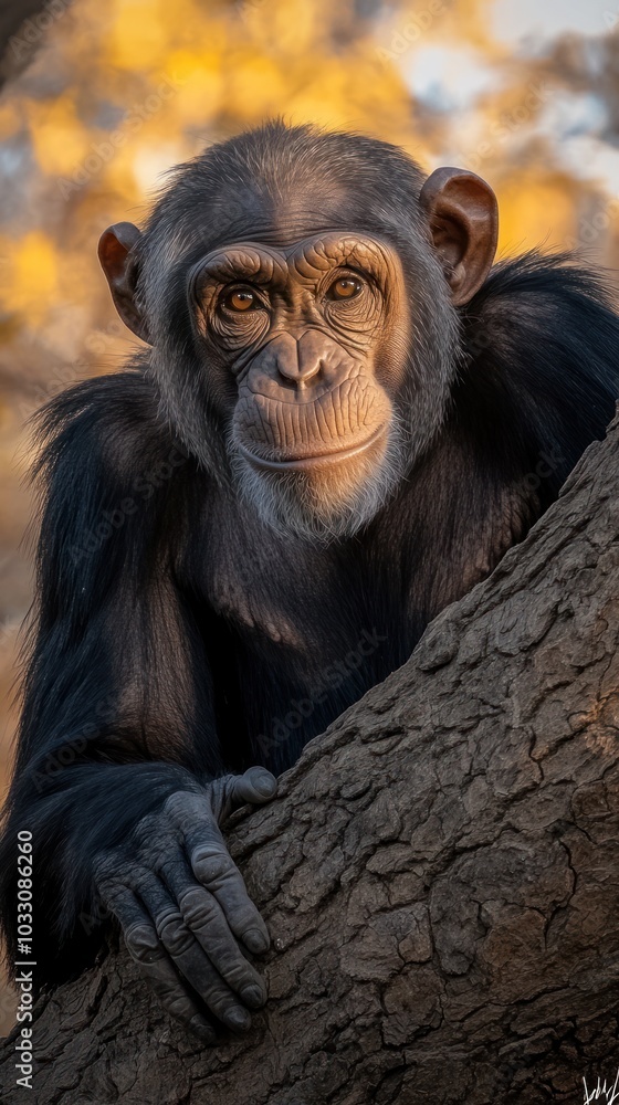 Poster a chimpanzee with intelligent eyes looks directly at the camera while sitting on a tree branch.
