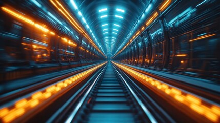 A dynamic view of a futuristic subway tunnel with vibrant blue and orange lights.