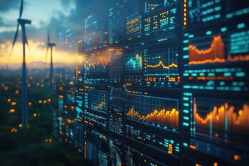 Obraz premium Data visualization interface with graphs and wind turbines at sunset.