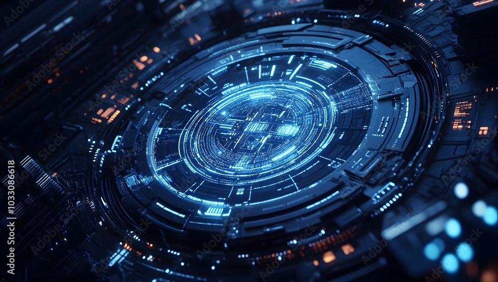 Poster 3d rendering of a futuristic, round digital display with cyberpunk elements and red light inside a s