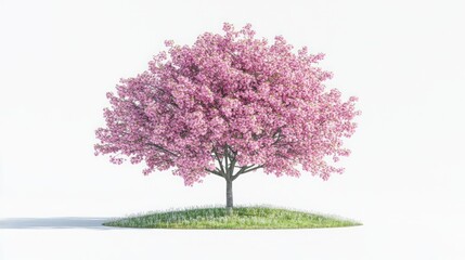 Obraz premium A single cherry blossom tree with pink flowers and green grass in bloom isolated on a white background.