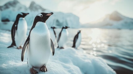 Obraz premium A group of penguins stand on a snowy shore with a glacier in the background.
