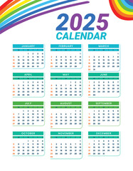 Modern 2025 new year english wall calendar template printable design