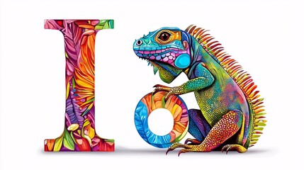 Letter I with an Inquisitive Iguana in Bright Colors