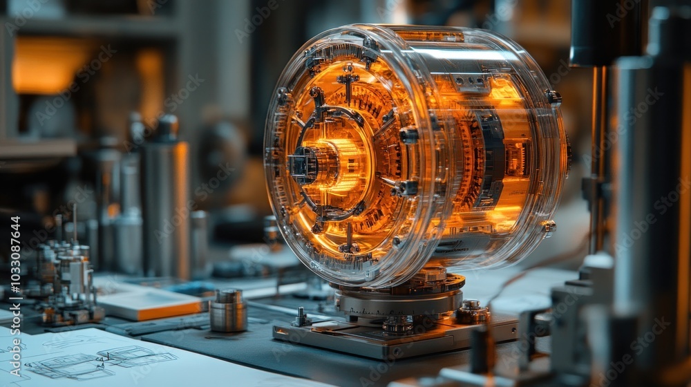 Poster a futuristic device showcasing intricate mechanics and glowing components on a workbench.
