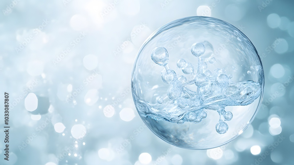 Poster water molecule in a transparent sphere with bokeh background