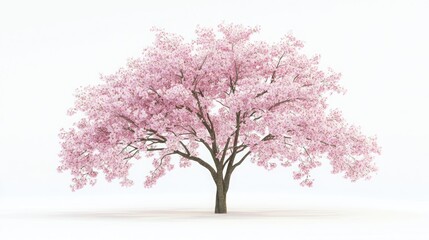 Naklejka premium A single, full-bloom cherry blossom tree with pink petals stands isolated against a white background.