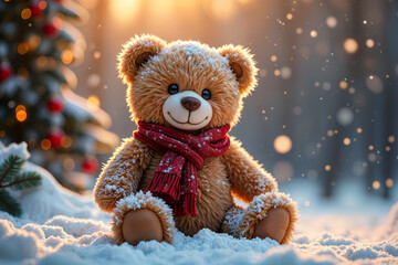 Large, brown teddy bear sitting in the snow with a red scarf around its neck.