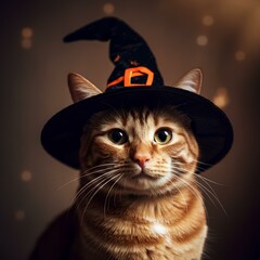 A ginger cat wears a black witch hat with an orange buckle, gazing adorably into the camera.