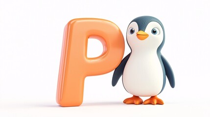 Fototapeta premium Cute Penguin Standing Beside the Letter P